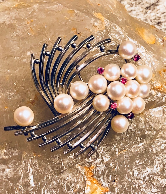 Beautiful Art Deco Sterling Silver Pearl Ruby Vintage Brooch Art Deco Jewelry