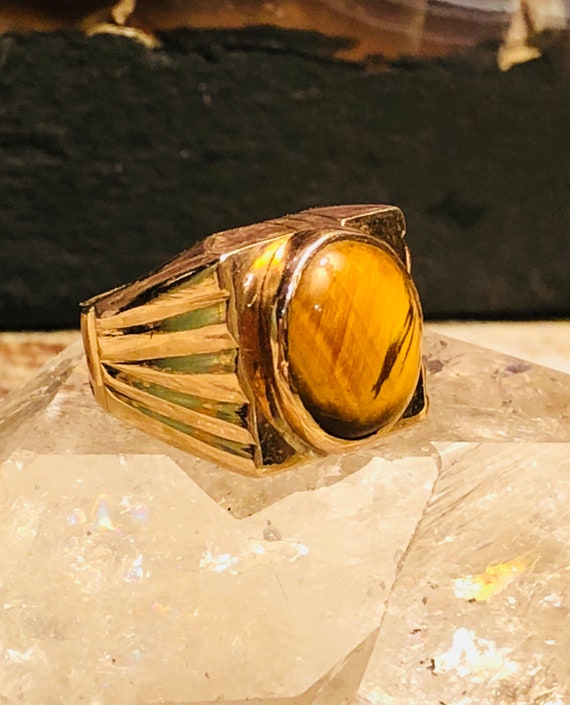 1920s Art Deco Tigers Eye 14kt Gold Vintage Ring … - image 1