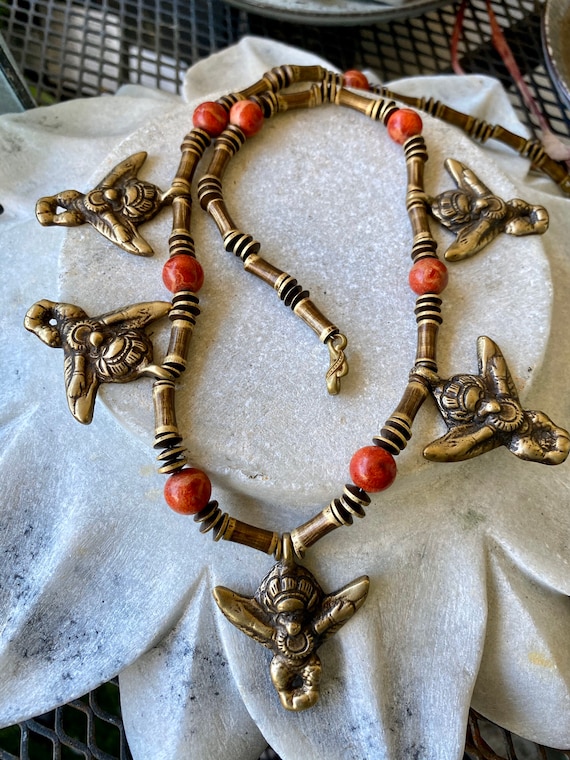 Bold Antique Brass Bead Garuda Red Sponge Coral  … - image 1