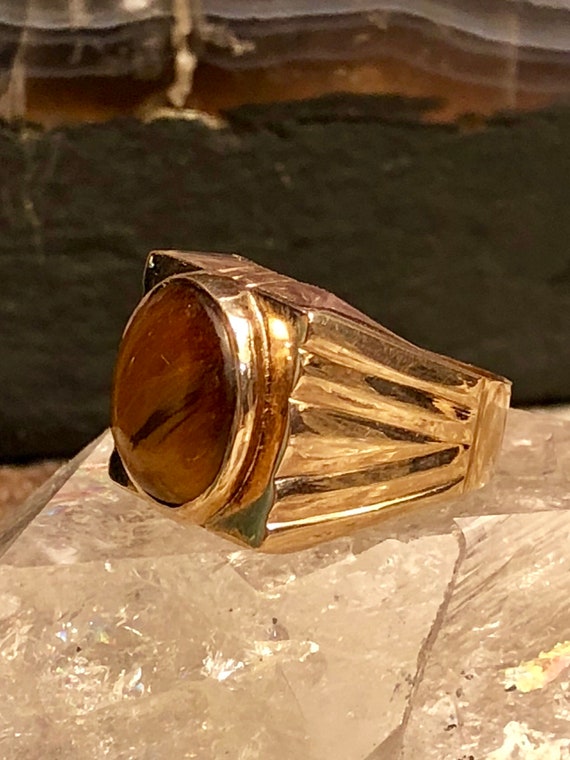 1920s Art Deco Tigers Eye 14kt Gold Vintage Ring … - image 2