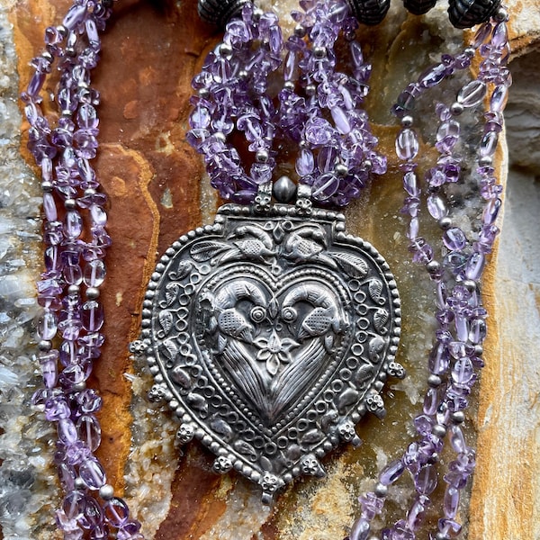 Amethyst Sterling Silver Mogul Vintage Rajasthan Love Bird Heart Long Necklace