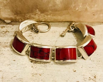 Modernist Mexican Sterling Silver Red Jasper Vintage Bracelet