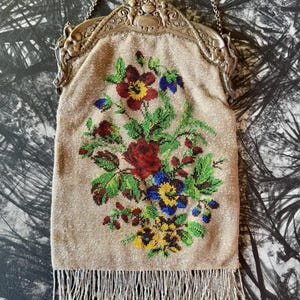Viktorianische Jugendstil Französische Hand Glasperlen Blumen Silber Engelchen antike Abendtasche