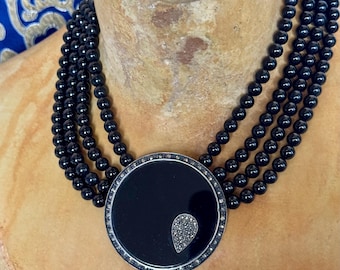 Vintage Hand Strung Black Onyx Bib Necklace | Fully Hallmarked Sterling Silver | Marcasite Art Deco Multi Strand Statement Necklace