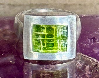 1960s Modernist Geometric Sterling Silver Green Enamel Ring