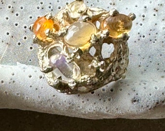 1960s Brutalist Sculpted Sterling Silver Opal Vintage Ring