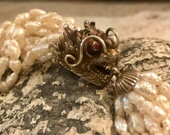 Amazing Chinese Art Deco Sterling Silver Dragon Rice Pearl Ruby Eyed Vintage Antique Bracelet