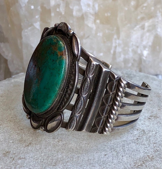 Beautiful Native American Sterling Silver Green Matrix Turquoise Native American Bracelet Native American Jewelry View 3