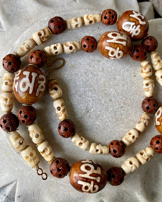 Beautiful Tibetan Carved Yack Bone Skull Om Inlay… - image 3