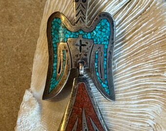 Beautiful Native American Thnuderbird Sterling Silver Turquoise Coral Vintage Brooch Necklace Pendant