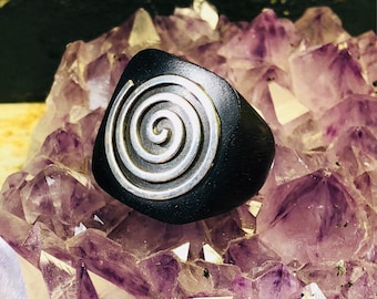 Modernist Carved Ebony Wood  Sterling Silver Spiral of consciousness Vintage Ring
