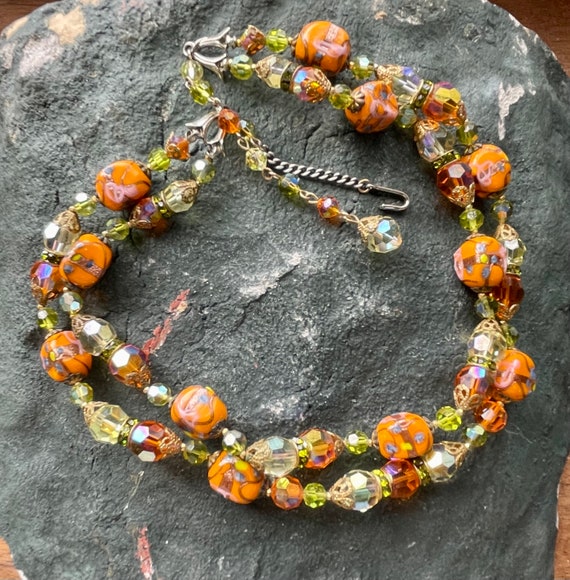 Retro Orange Art Glass Green Crystal Vintage Bib … - image 4