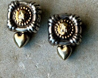 Italian Sterling Silver Gold Heart Cameo Vintage Earrings