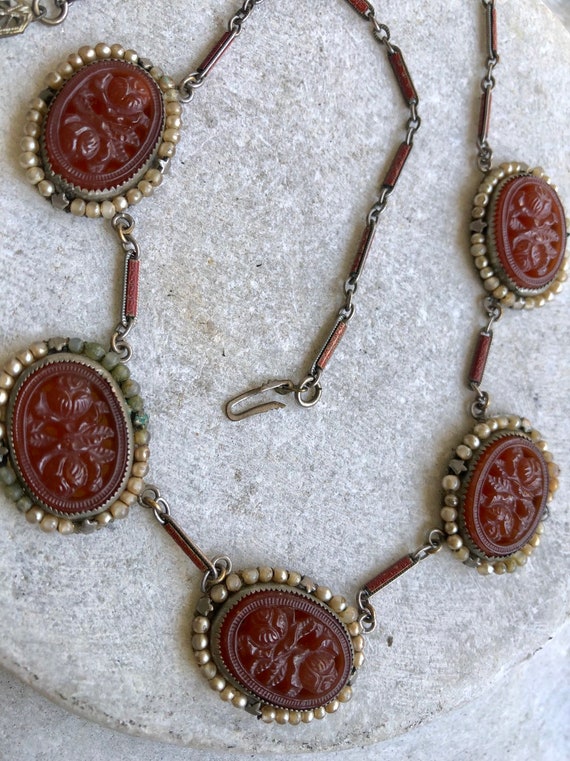 Beautiful Art Deco  Czech Molded Carnelian Art Glass enamel Glass  Pearl Vintage Antique Necklace