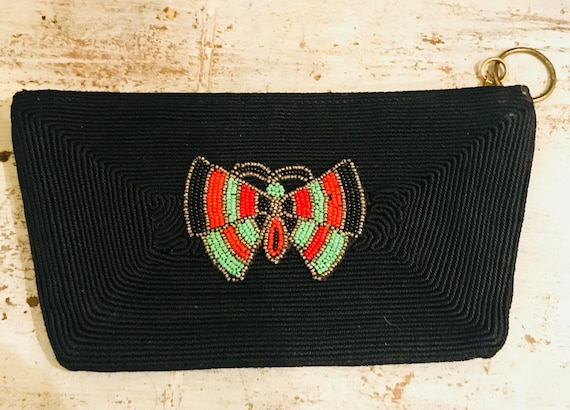 Beautiful Hand Crafted Art Deco Yarn Glass Bead Butterfly Vintage Antique Clutch Art Deco Purse