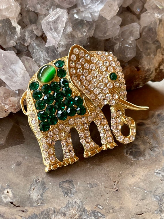 Beautiful Green Cats Eye Rhinestone Goldtone Vint… - image 5