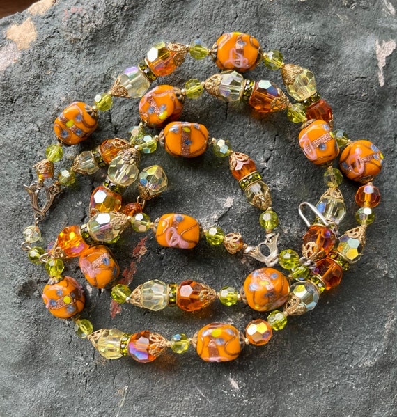 Retro Orange Art Glass Green Crystal Vintage Bib … - image 1