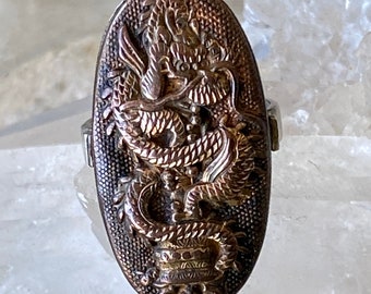 Seltene antike 19. Jahrhundert japanische MEIJI Silber Kupfer gemischt Metall SAMURAI DRAGON antik Ring