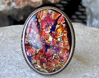 Vintage Opal Glass,Ornate Unisex Ring Mexican Opal Steam Punk Goth Red Blue Neo Victorian Unisex Ring,Edwardian Fantasy Dragon's Breath