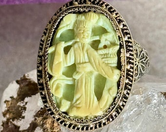 Vintage Chinese Silver Filigree Carved Bone Cameo Adjustable Ring 1930s Chinese Woman