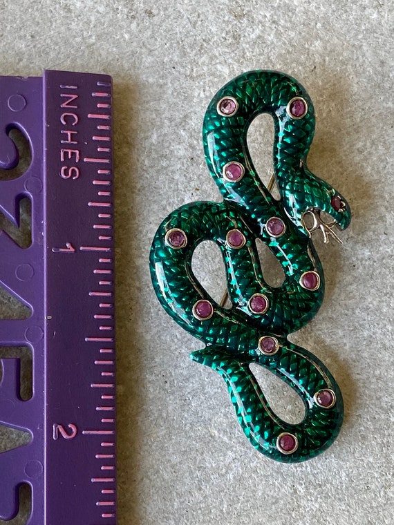 Sterling Silver Green Enamel Snake Serpant Ruby V… - image 4