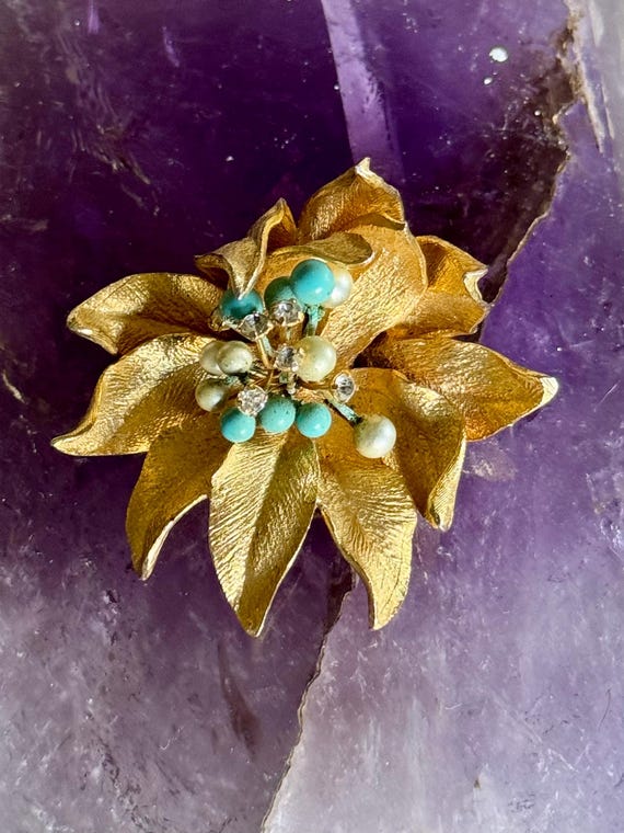 Beautiful Sculpted Gold Flower Blue Turquoise Art Glass