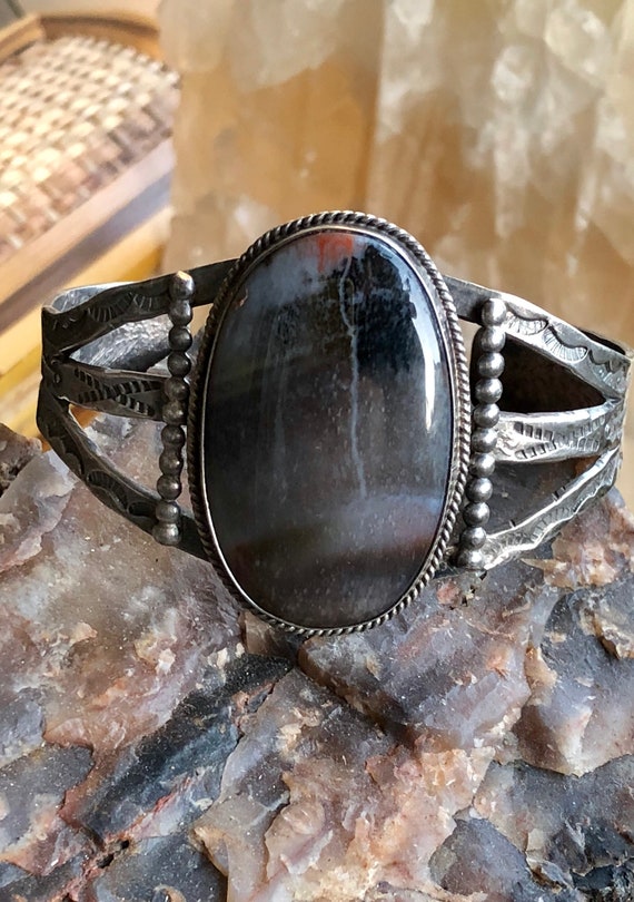 1940's Very Old Vintage Native American Navajo Petrified Wood Sterling Silver Bracelet 1940's Very Old Vintage Native American Navajo Petrified Wood Sterling Silver Bracelet