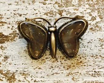RARE Beautiful Victorian English Sterling Silver Real Butterfly Wing Crystal Vintage Antique Butterfly Brooch
