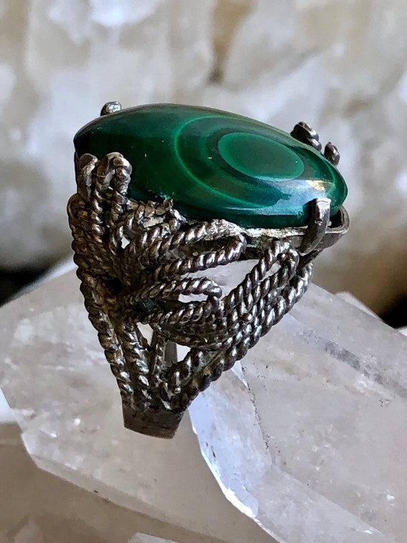 Old Victorian Brutalist Green Malachite Silver Vin