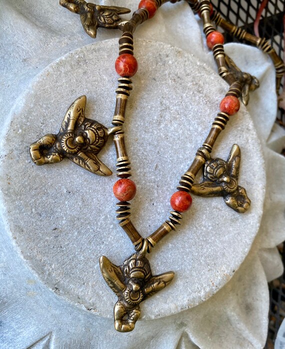 Bold Antique Brass Bead Garuda Red Sponge Coral  … - image 2