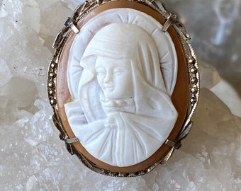 Art Deco Carved Shell Cameo Madonna Mother Mary Sterling Silver Marcasite Vintage Antique Pendant Brooch