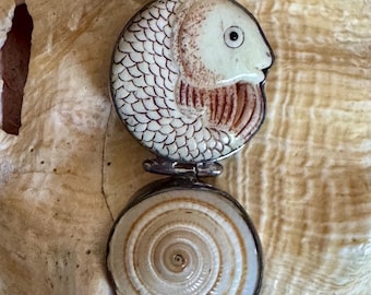 Vintage Sterling Silver Carved Bovine Bone Fish  Natural Shell Pendant Double Sided Fish Carving  Open Back Artisan Pendant