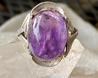Beautiful Art Deco Purple Amethyst Cabochon  Sterling Silver Vintage Antique Ring