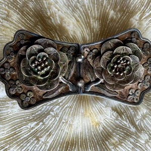 Victorian Sterling Silver Filigree Rose Antique Elegant Belt Buckle Scarf Sash Buckle