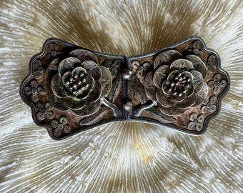 Victorian Sterling Silver Filigree Rose Antique Elegant Belt Buckle Scarf Sash Buckle