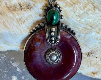 Vintage Sterling Silver Malachite & Burgundy Jade Pendant | Large Artisan Statement Pendant | Natural Gemstone 925 Silver Mendala