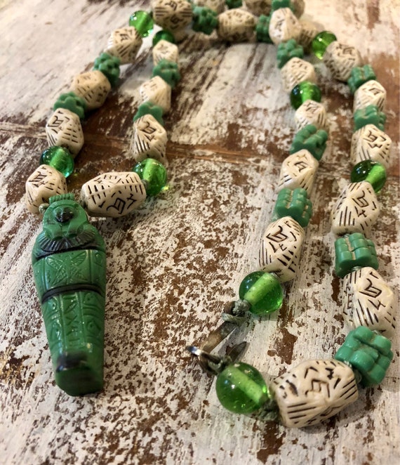 Beautiful Art Deco Egyptian Revival King Tut Ornate Czech Green Glass Bead Vintage Flapper Necklace Art Deco Jewelry