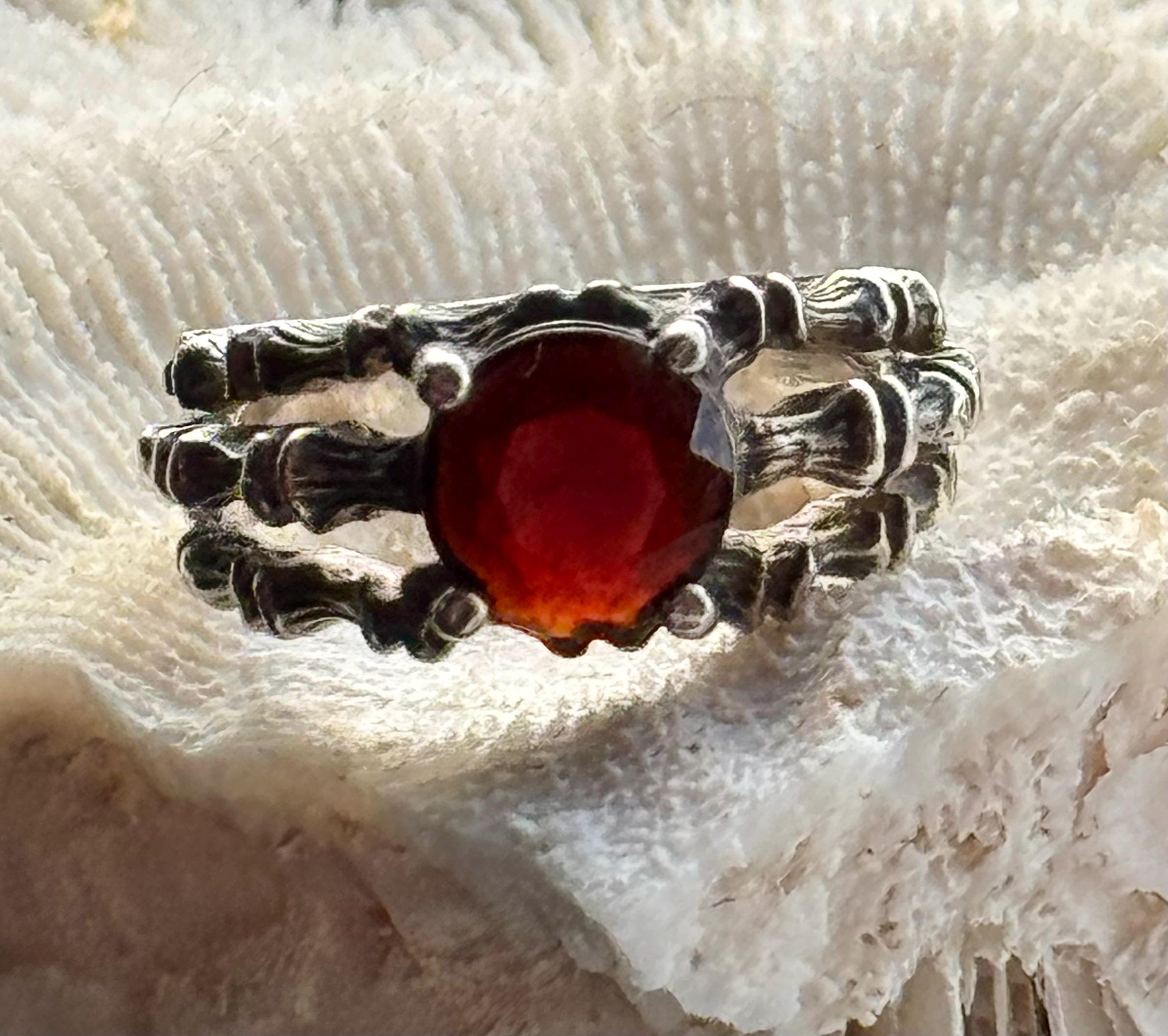 Mourning Bamboo Bone Sterling Silver Faceted Red Garnet Vintage 