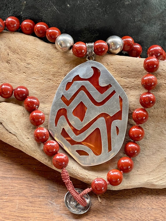 Chunky Hand Knotted Red Jasper Carnilian Sterling… - image 1