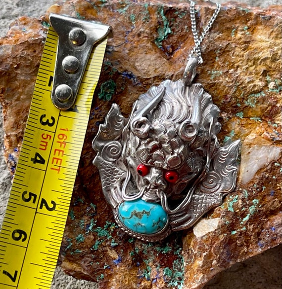 Sterling Silver Blue Turquoise Asian Dragon Vinta… - image 2