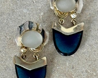 Modernist Sterling Silver Satin Glass Earrings – White Opaque Glass with Blue Galss drops  Vintage