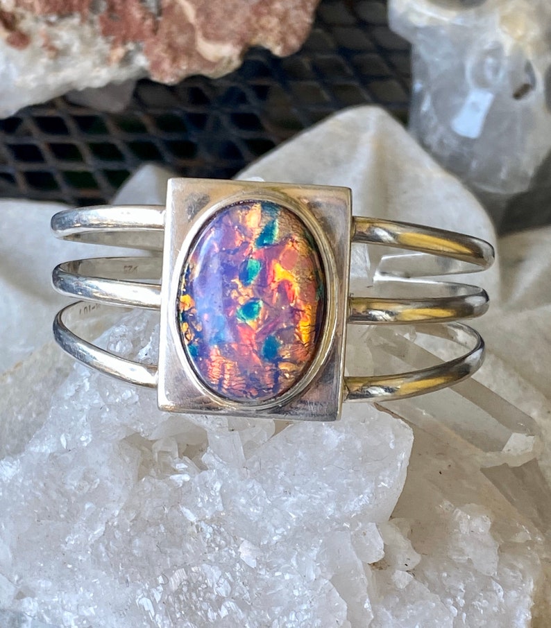 Mexican Sterling Silver Dragons Breath Opal Art Glass Vintage Cuff Bracelet