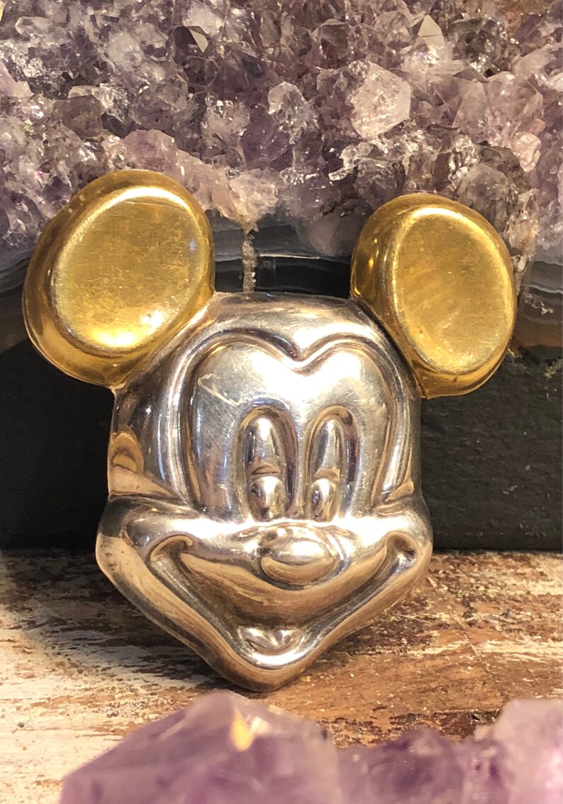 Very Cool Large Mickey Mouse Sterling Silver Brass Vintage Brooch Necklace Pendant