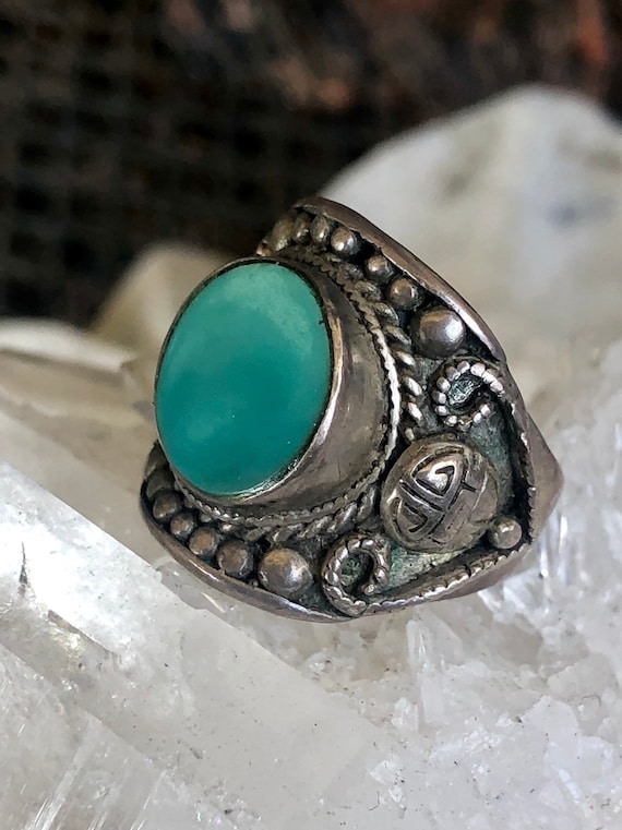 Old Chinese Sterling Silver Shou Blue Stone Vintage Ring
