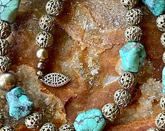 Beautiful Turquoise Filigree Brass Filigree Beaded Vintage Necklace