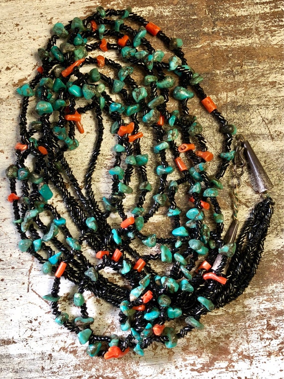 Native American Hand Cut Black Onyx Coral Turquoi… - image 1