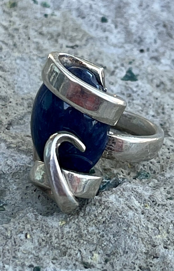 Brutalist Sterling Silver Deep blue Lapis Vintage… - image 1