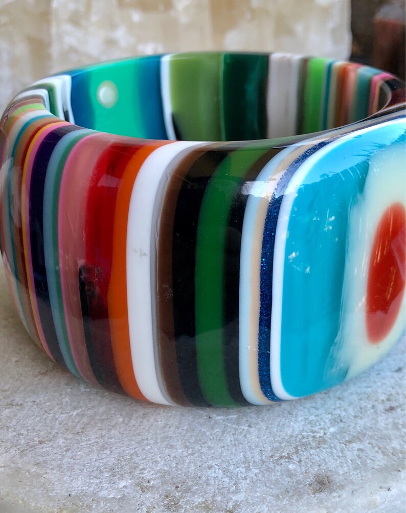 Bold Beautiful Designer Multi Color Heavy Resin Lucite Vintage Bangle Bracelet Singed Wearable Art