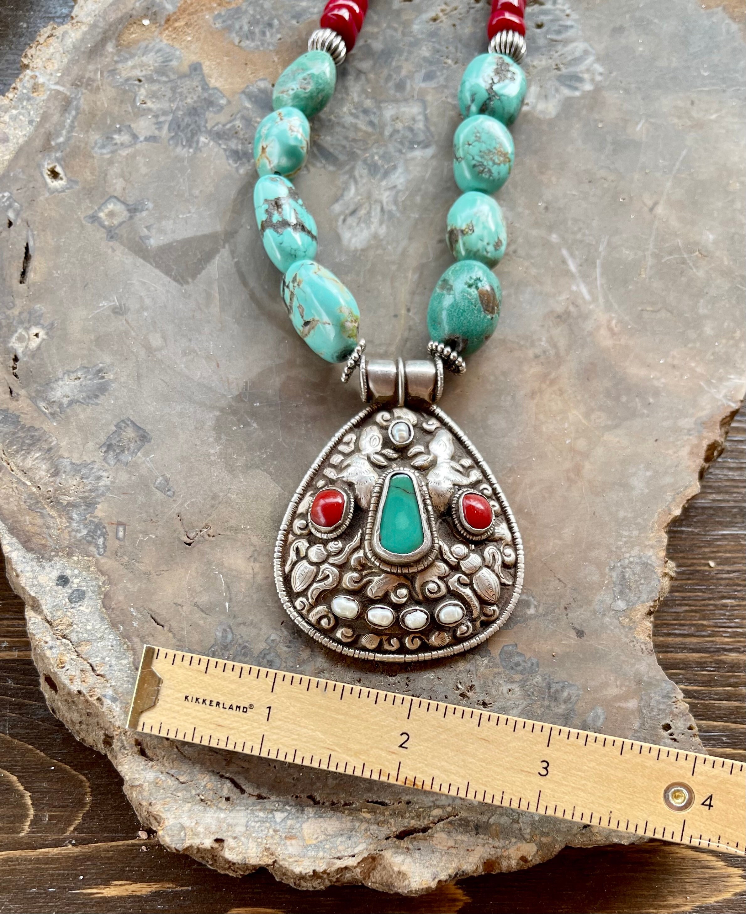 Beautiful Tibetan Turquoise Red Coral Silver Vintage