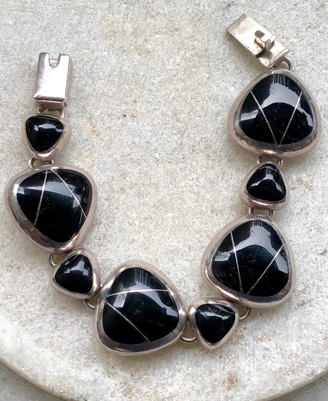 Beautiful Mexican Black Onyx Sterling Silver Modernist Vintage Bracelet